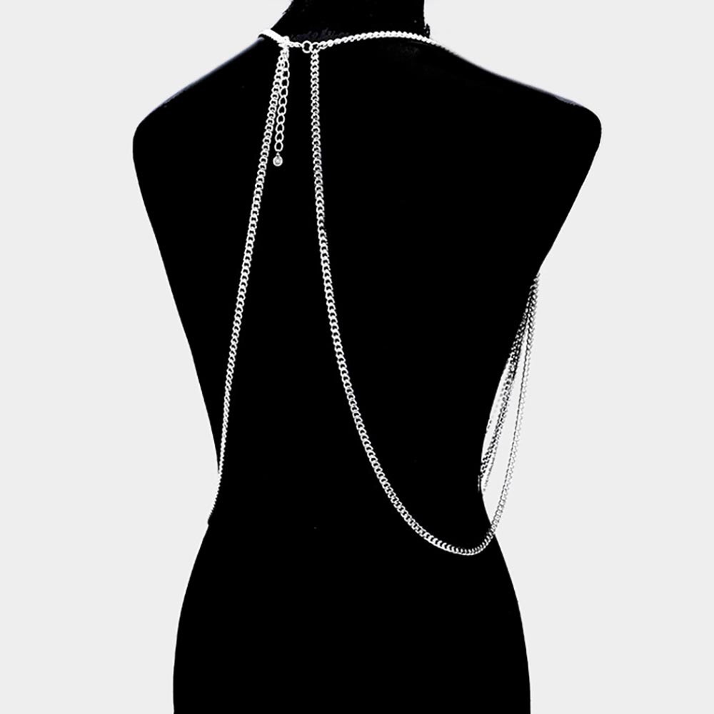 Silver Draped Crystal Rhinestone Body Chain Statement Necklace - Picture 2 of 3